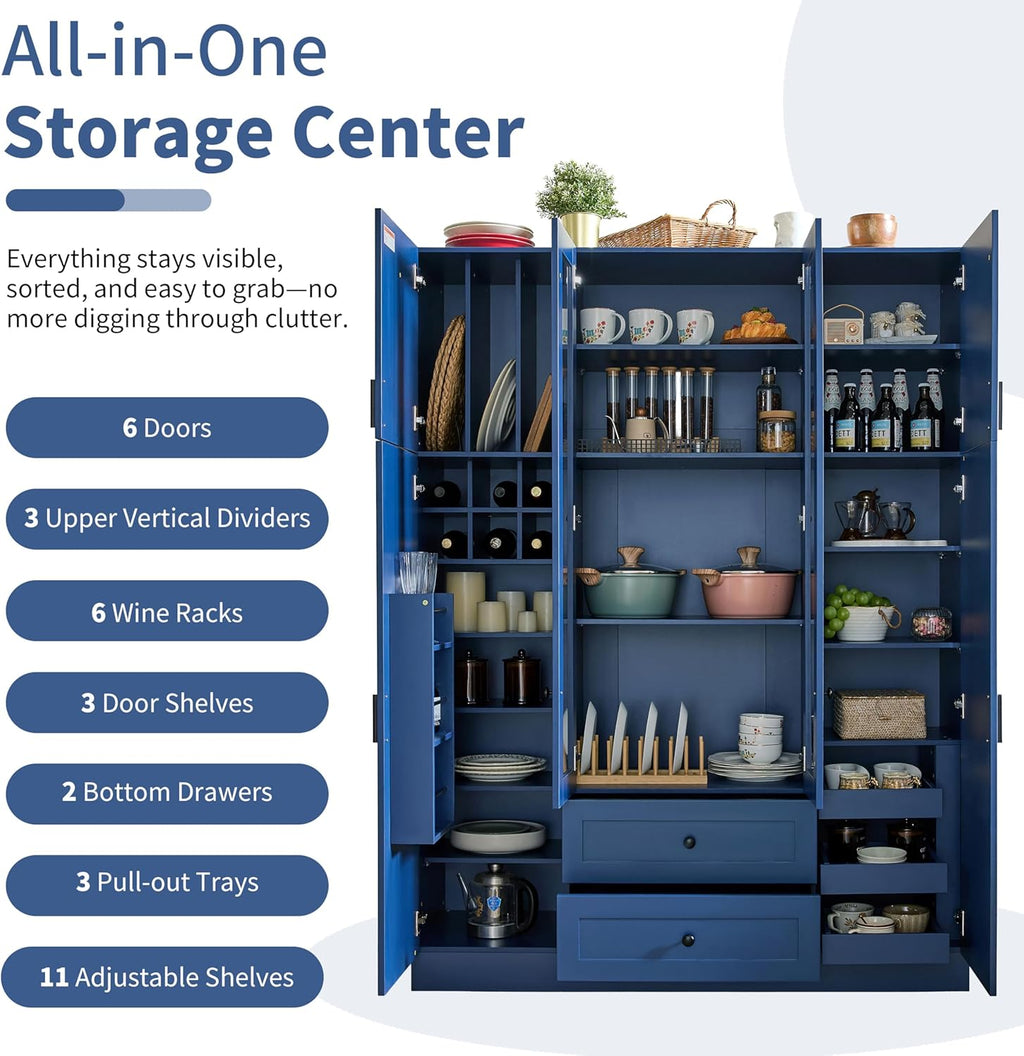 Modern Pantry Storage Cabinet with Adjustable Shelves and Drawers, 6 Doors Wood Cupboard with Pull-Out Trays and Wine Rack for Dining Room, Kitchen (Blue)