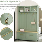Multifunctional 4-in-1 Hall Tree with 6 Golden Hooks and Brown Wood Grain Storage Bench, Wood Entryway Coat Rack with 2 Drawers for Living Room, Hallway (Mint Green)