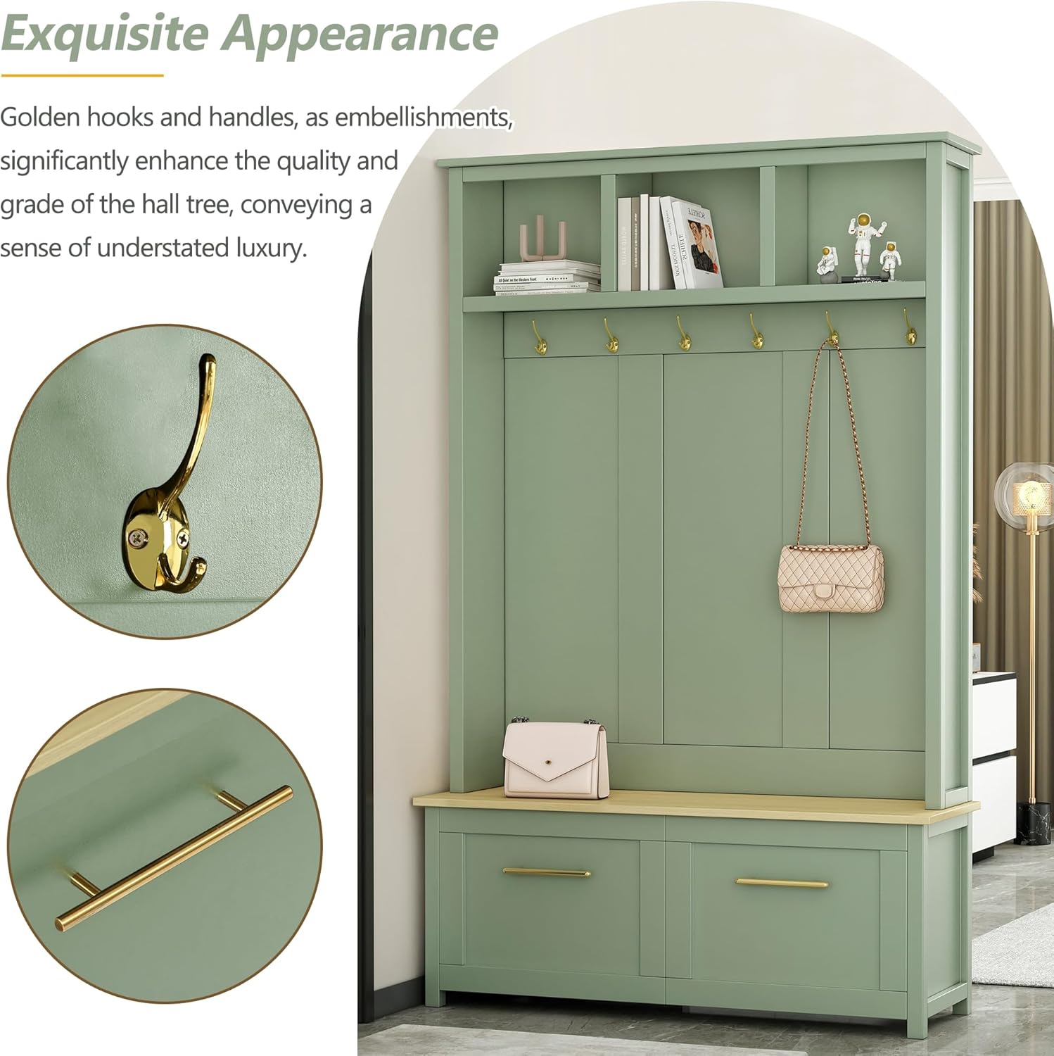 Multifunctional 4-in-1 Hall Tree with 6 Golden Hooks and Brown Wood Grain Storage Bench, Wood Entryway Coat Rack with 2 Drawers for Living Room, Hallway (Mint Green)