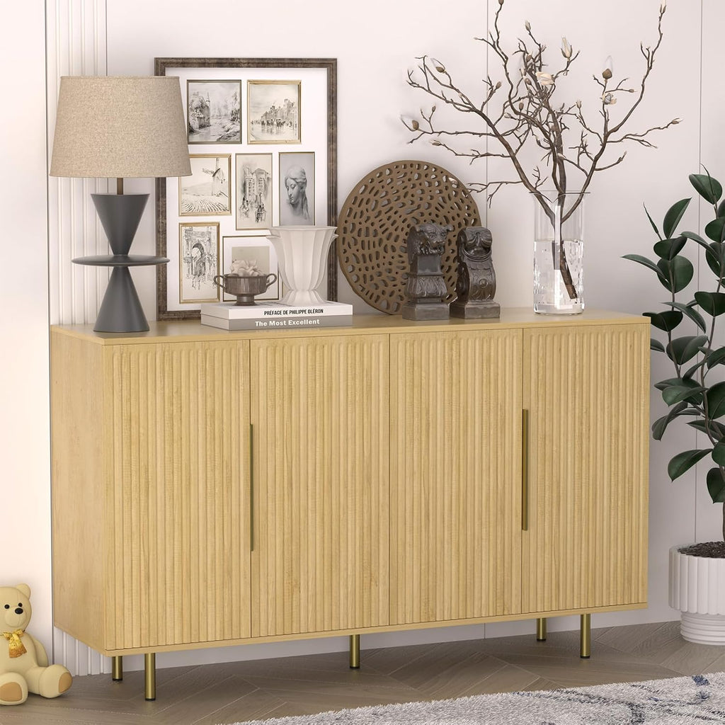 Sideboard Cabinet, 56" Large Buffet Cabinet with Storage, Wood Credenza Storage Cabinet with 4 Fluted Decorative Doors and Adjustable Shelves, for Living Room, Kitchen, Entryway, Oak