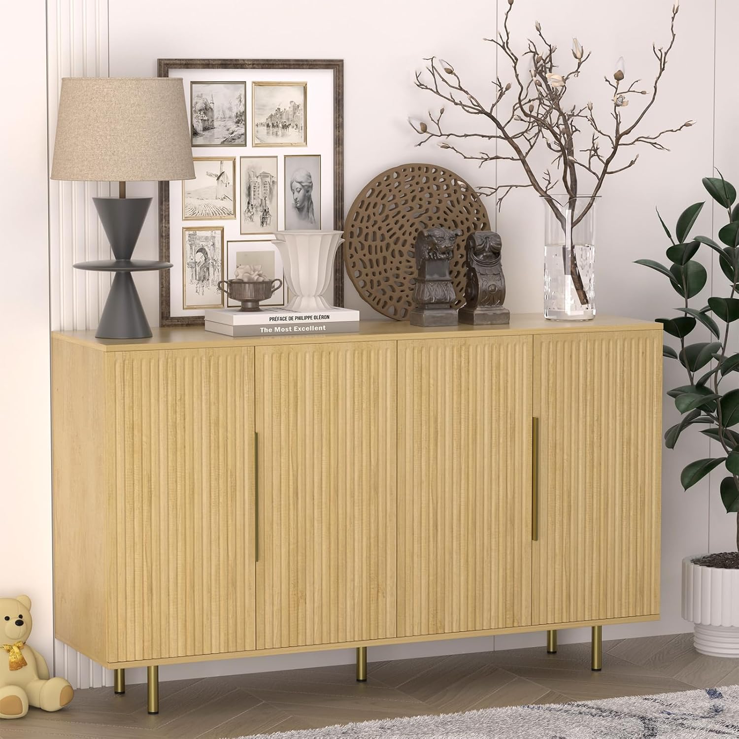 Sideboard Cabinet, 56" Large Buffet Cabinet with Storage, Wood Credenza Storage Cabinet with 4 Fluted Decorative Doors and Adjustable Shelves, for Living Room, Kitchen, Entryway, Oak