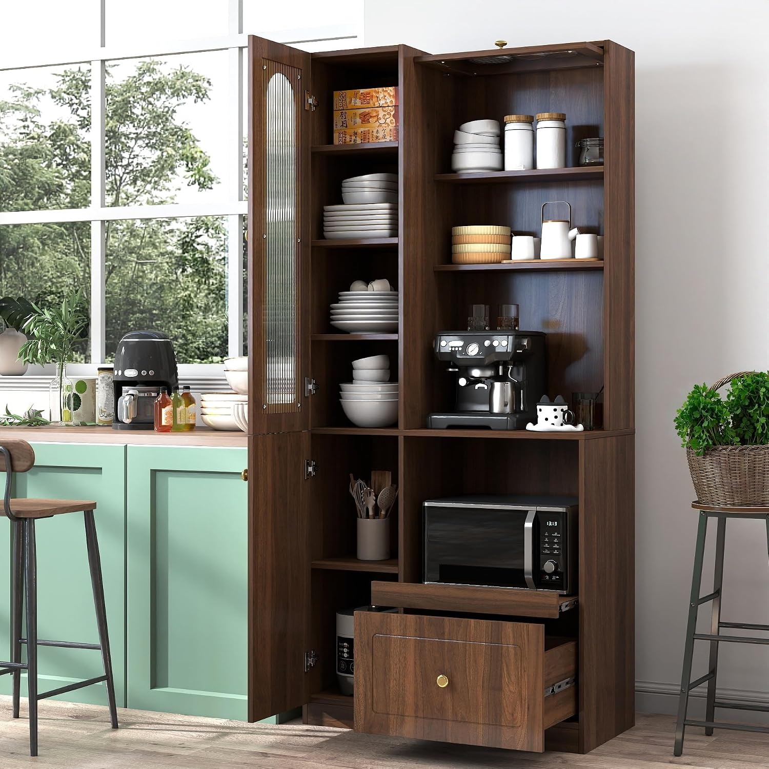 ZeHuoGe Modern Freestanding Kitchen Pantry Cabinet, Multi-Purpose Storage with 7-Layer Pull-Out Shelf, Expandable Pull-Out Organizer with Drawers & Cabinets, for Kitchen, Coffee Bar, Living Room