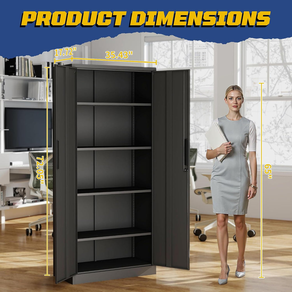 Metal Storage Cabinet with Adjustable Shelves, 72" Steel Garage Storage Cabinets with Lock and 2 Door, Locking Tool Cabinet Utility Cabinets for Garage, Kitchen, Home Office, School, Shop