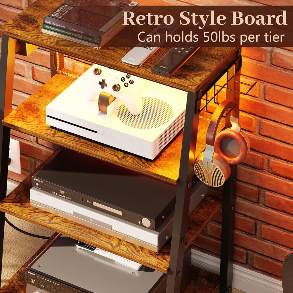 4-Tier AV Media Stand with Power Strips, Heavy Duty Stereo Cabinet Stand with LED Lights, Wooden Record Player Stand with 2 Hooks, Audio Stand Furniture Perfect for DVD Player/Game Console/TV Box/Xbox