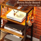 4-Tier AV Media Stand with Power Strips, Heavy Duty Stereo Cabinet Stand with LED Lights, Wooden Record Player Stand with 2 Hooks, Audio Stand Furniture Perfect for DVD Player/Game Console/TV Box/Xbox