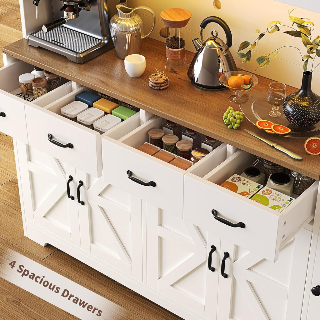 71" Tall Kitchen Pantry with LED Lights & Charging Station, Farmhouse Storage Cabinet with 4 Drawers & 6 Cabinets, Modern Kitchen Hutch for Dining Room with Adjustable Shelves, White