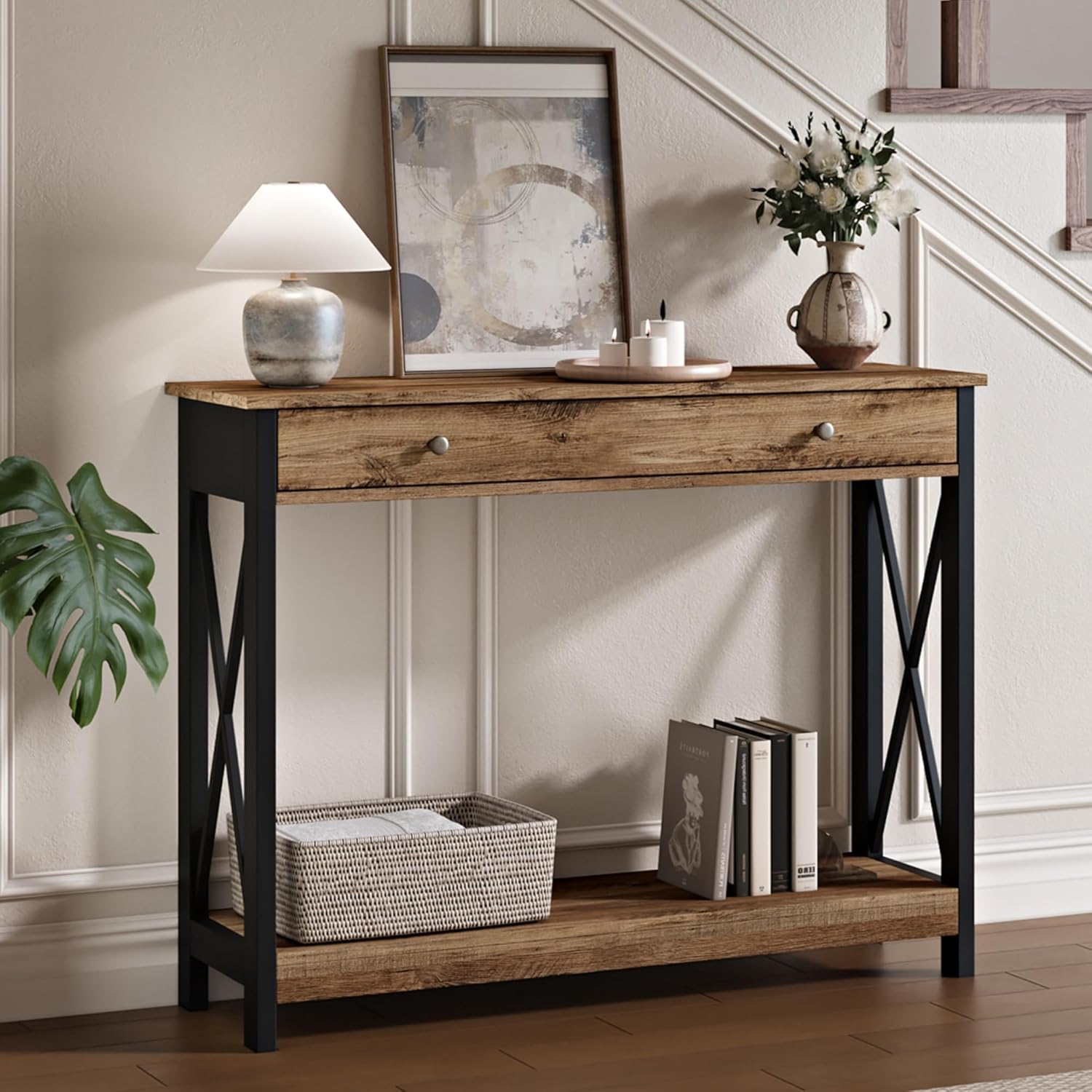 Treocho Console Table with Drawer and Storage Shelves, Foyer Sofa Table Narrow for Entryway, Living Room, Hallway Rustic Oak & Black