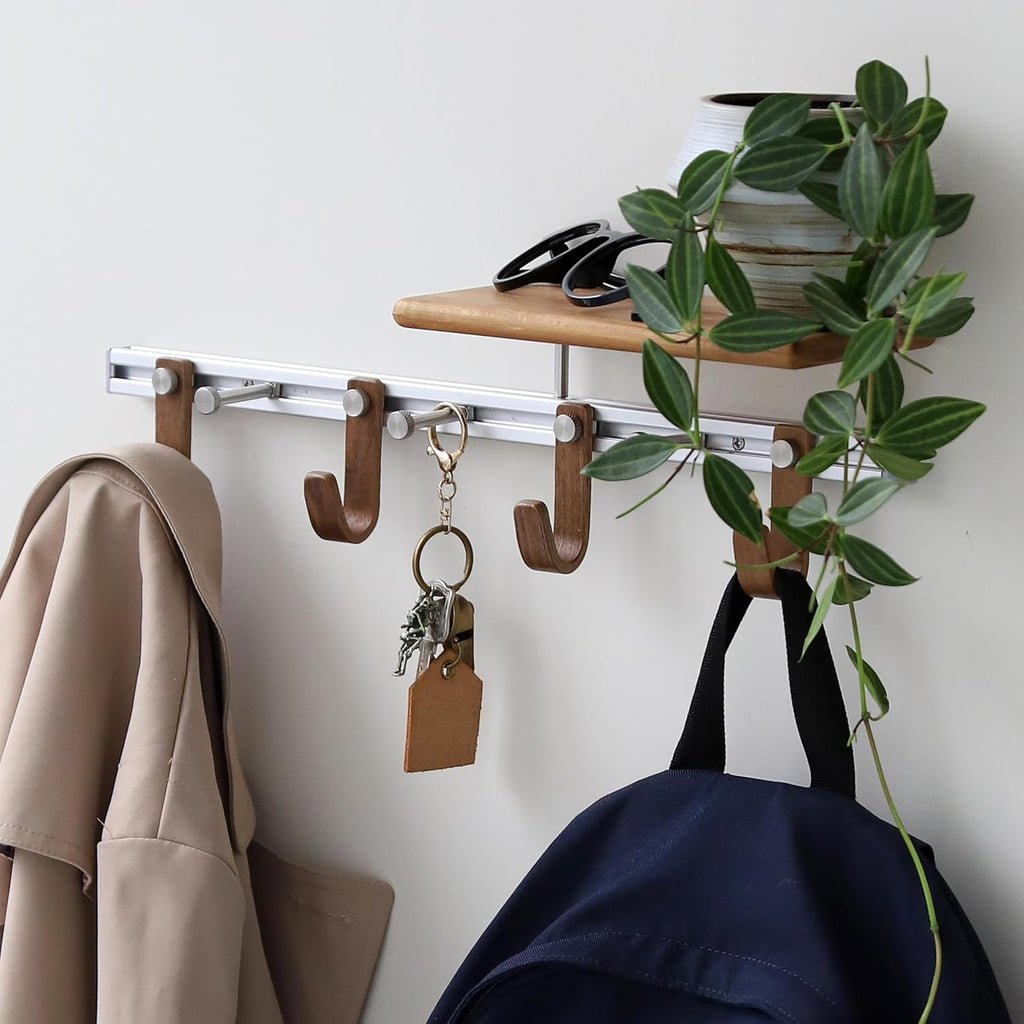 Wall Mounted Coat Rack with Shelf, Modular Entryway Hooks Organizer, Adjustable Aluminum Rail with Wooden Hooks, Expandable Storage for Entryway, Hallway, Mudroom