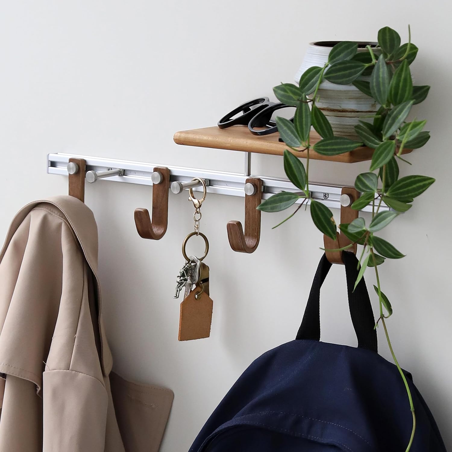 Wall Mounted Coat Rack with Shelf, Modular Entryway Hooks Organizer, Adjustable Aluminum Rail with Wooden Hooks, Expandable Storage for Entryway, Hallway, Mudroom