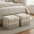 Hyfirm 22 Inch Square Beige Ottoman with Fringe for Living Room, Plush Modern Boho Upholstered Accent Pouf Ottomans Foot Rest for Bedroom, Footstool Ottoman End of Bed