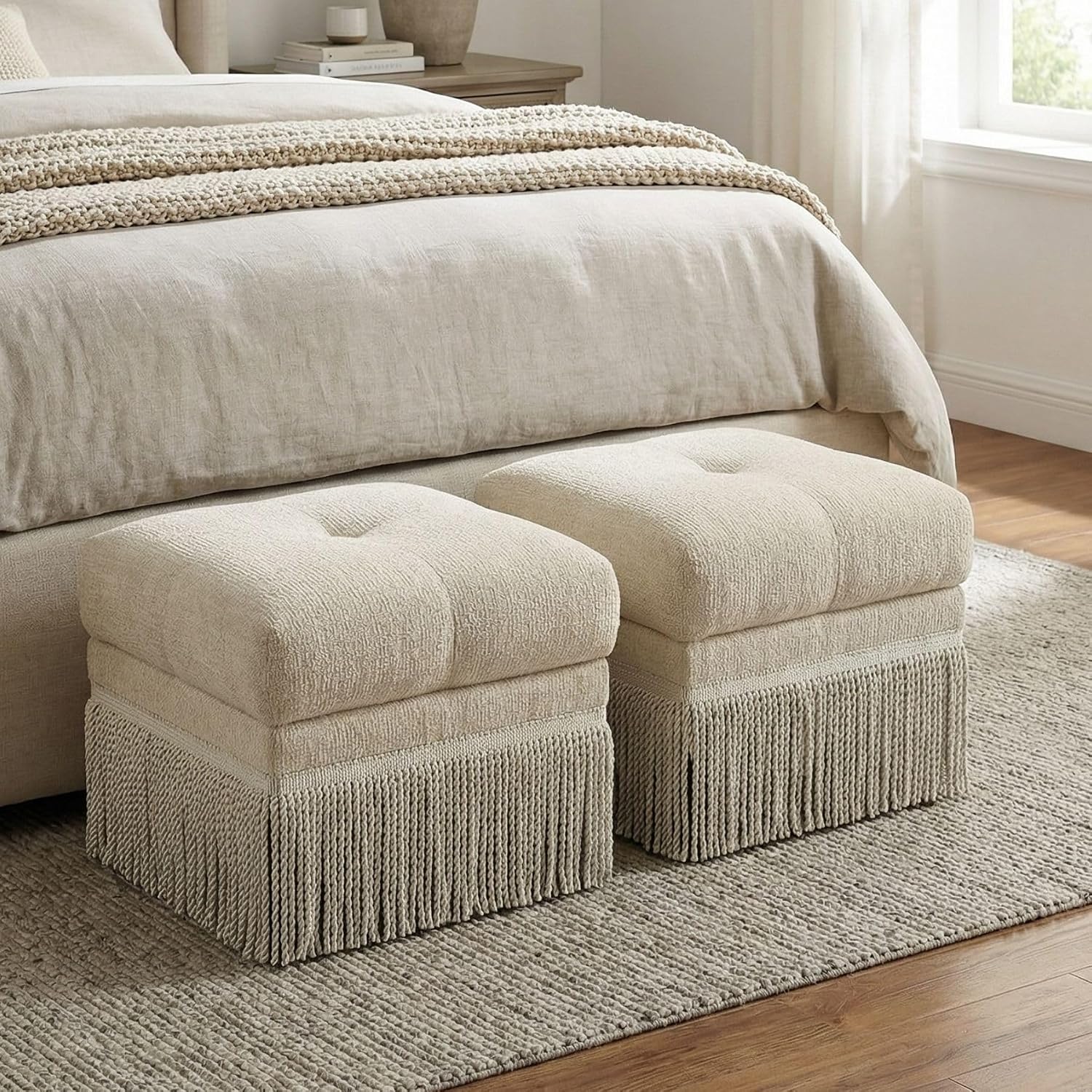 Hyfirm 22 Inch Square Beige Ottoman with Fringe for Living Room, Plush Modern Boho Upholstered Accent Pouf Ottomans Foot Rest for Bedroom, Footstool Ottoman End of Bed