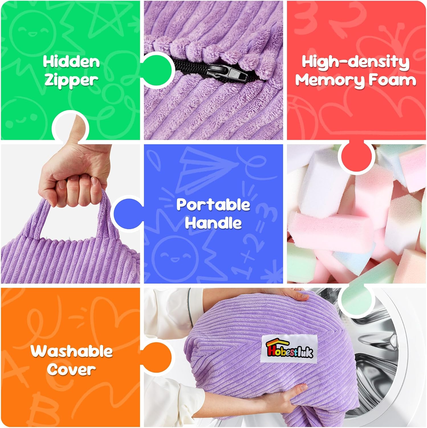 Hobestluk Kids Bean Bag Chair Teardrop Shape with Filling, 2.5FT Purple | Soft Fabric, Corduroy Cover, Removable and Washable, Memory Foam Filler, Portable Handle, Gaming, Relaxing, For Living Room