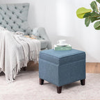 Linen Storage Ottoman with Wooden Legs, 17" Square Upholstered Flip-Top Footrest Stool, Extra Seat or Coffee Table for Living Room, Bedroom, Entryway, Blue