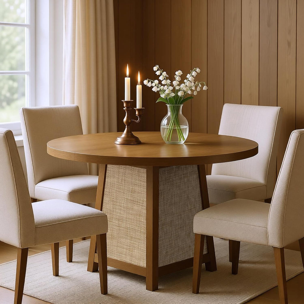 SICOTAS Round Wood Dining Table for 4, 47" Rattan Dining Room Table with Solid Wood Pedestal Base, Boho Circle Kitchen Table, Farmhouse Wicker Dinner Table for Dining Room Kitchen, Living Room, Oak