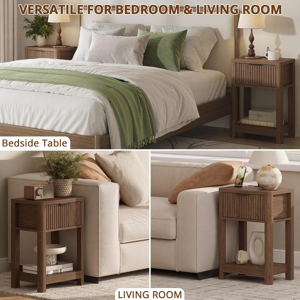 MECHYIN Nightstand Set of 2 with Charging Station, Fluted Bedside Table with Drawer & Open Shelf, Mid-Century Modern Wood Furniture End Table for Apartment, Dorm, Bedroom, (Walnut, with Outlet)