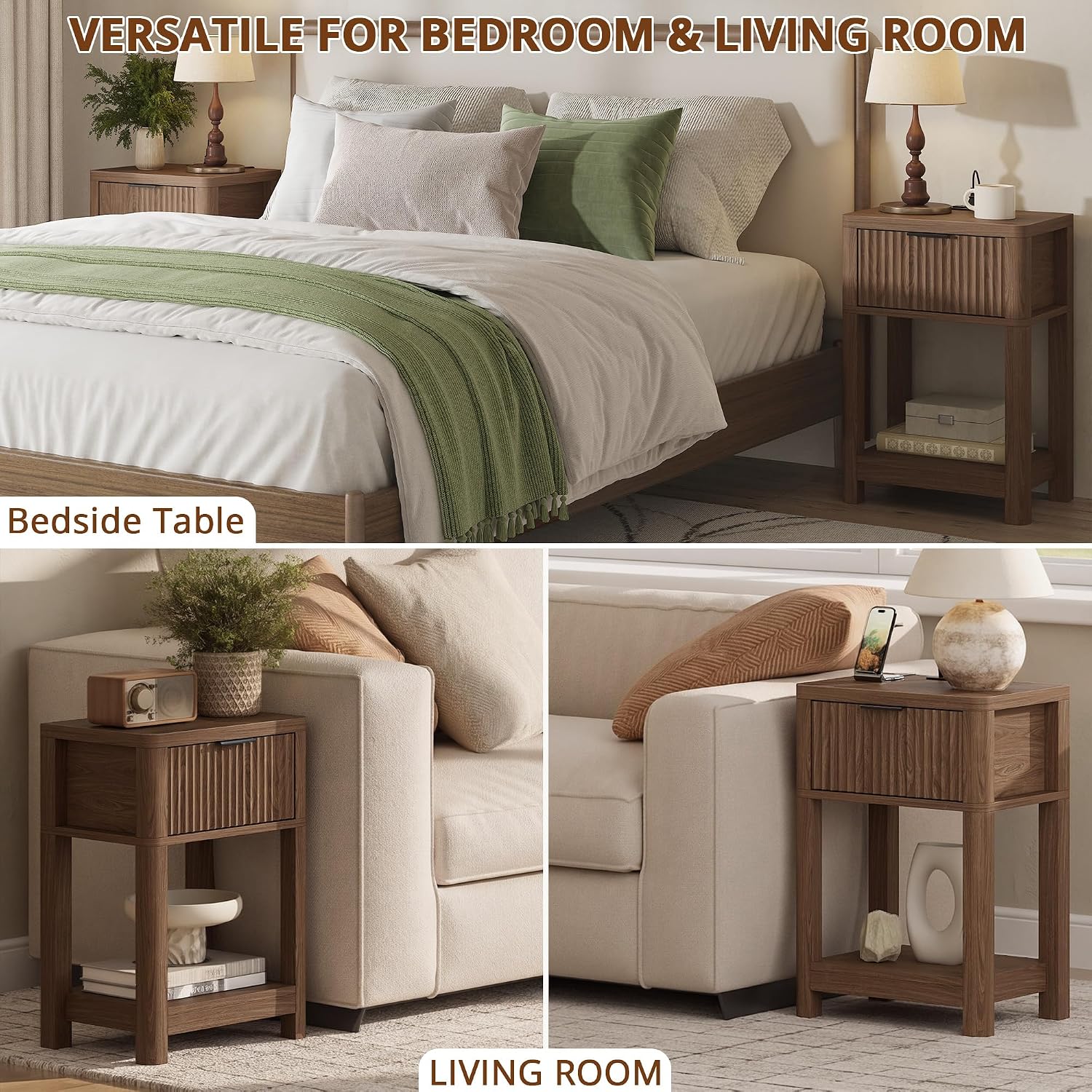 MECHYIN Nightstand Set of 2 with Charging Station, Fluted Bedside Table with Drawer & Open Shelf, Mid-Century Modern Wood Furniture End Table for Apartment, Dorm, Bedroom, (Walnut, with Outlet)
