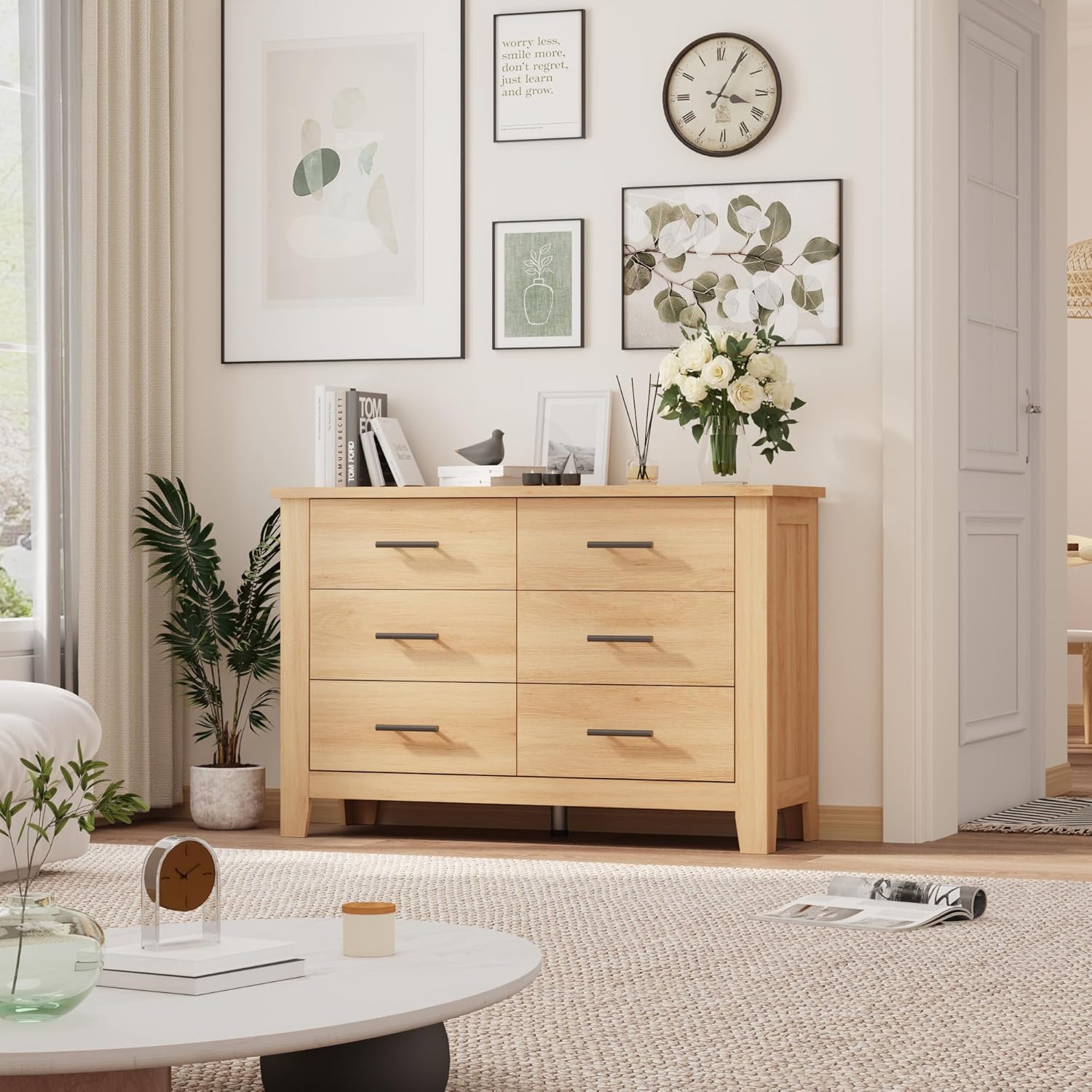 GarveeHome 6 Drawer Dresser for Bedroom, 47 Inch Wide Wood Chest of Drawers, Large Storage Organizer with Deep Drawers & Stable Legs, Modern Farmhouse Dresser for Living Room, Entryway, Natural