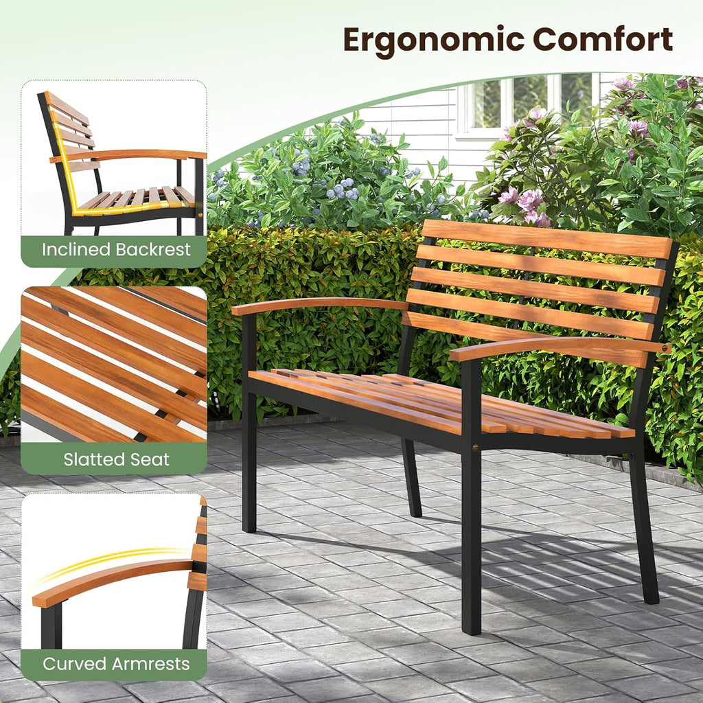 Tangkula 43" Outdoor Garden Bench, 2-Person Acacia Wood Bench with Heavy-Duty Metal Frame, Slatted Seat & Curved Armrests, 800 lbs Weight Capacity, Patio Bench for Porch, Yard, Balcony, Lawn