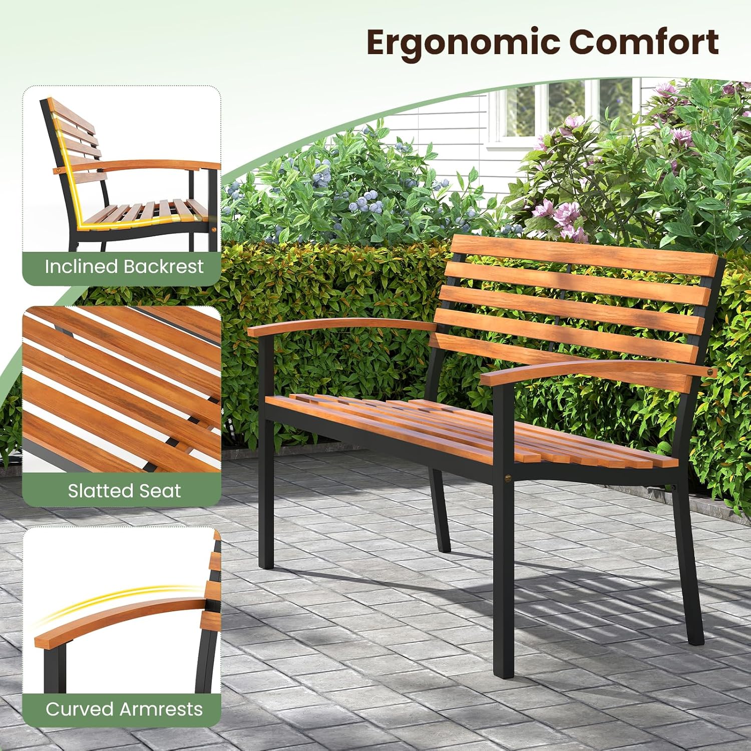 Tangkula 43" Outdoor Garden Bench, 2-Person Acacia Wood Bench with Heavy-Duty Metal Frame, Slatted Seat & Curved Armrests, 800 lbs Weight Capacity, Patio Bench for Porch, Yard, Balcony, Lawn