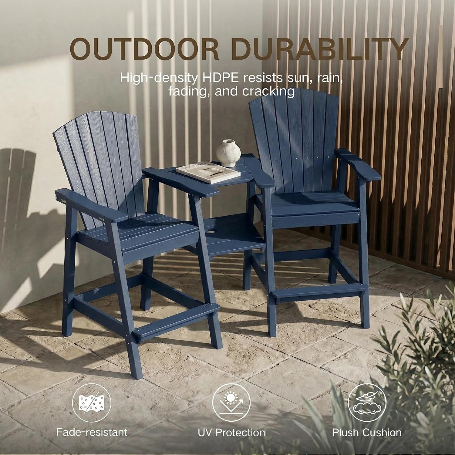 Kingdura Tall Adirondack Chairs Set of 2 with Removable Connecting Tray & 2" Umbrella Hole, Weather-Resistant HDPE Bar Height Outdoor Chairs, Wood-Look Balcony Bar Stools for Patio, Deck (Navy Blue)