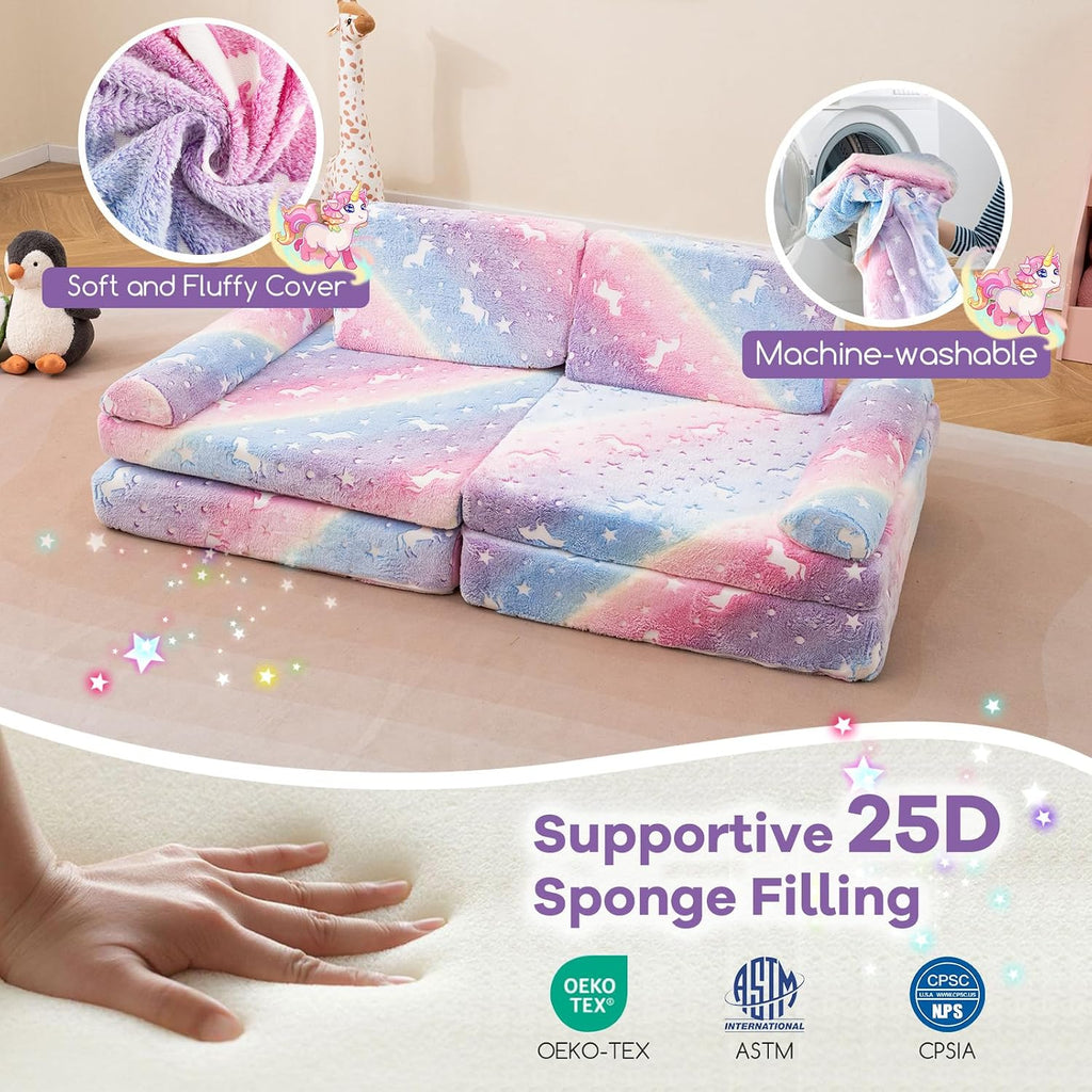 Costzon 8 Pcs Modular Kids Play Couch, Glow in the Dark Toddler Sectional Sofa with Handles, Convertible Sofa Foam Couch for Building Fort, Playroom & Kids Room Furniture (8-pcs,Multicolor)