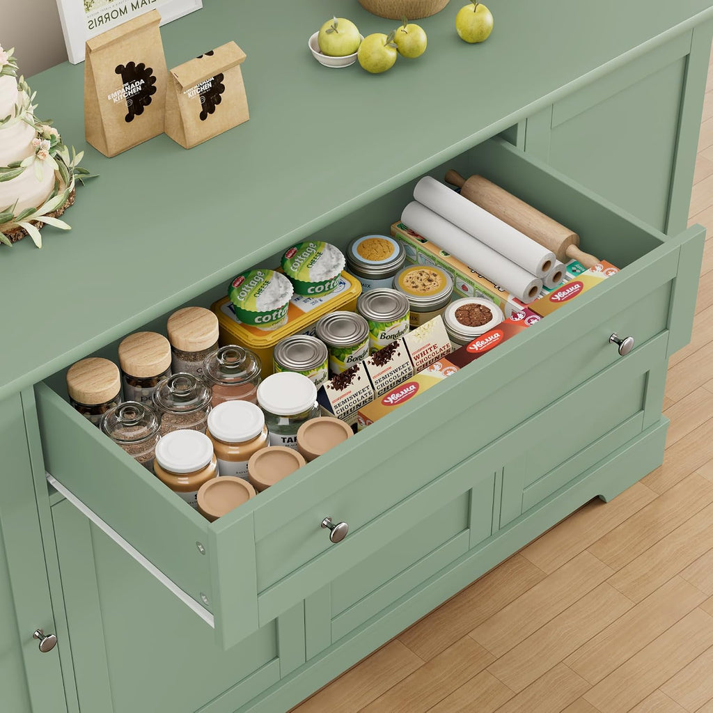 HITHOS 54" Buffet Cabinet with Storage, Modern Kitchen Buffet Sideboard with Drawer, Wood Coffee Bar Station with Adjustable Shelves, Kitchen Storage Cabinet for Living Room, Green