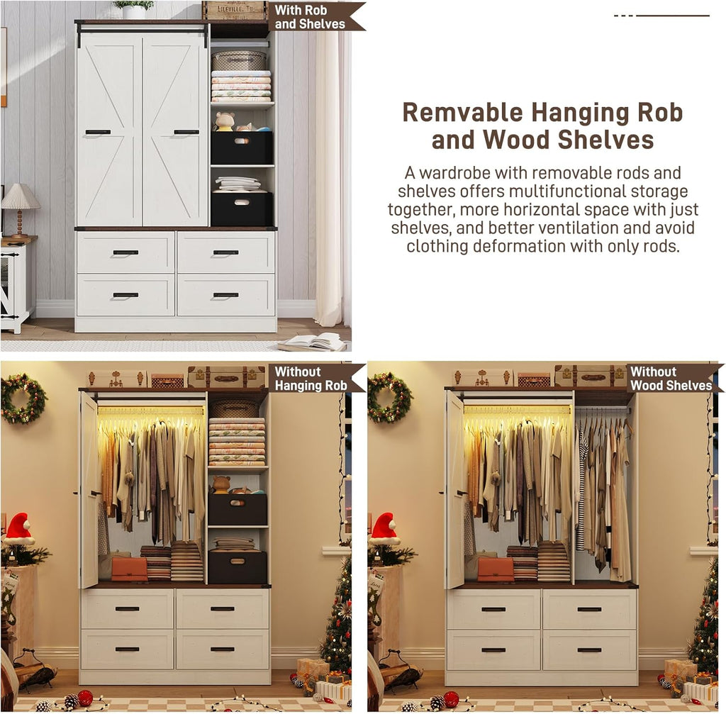 Farmhouse 3 Doors Armoire Wardrobe Closet w/Folding Sliding Barn Door and Lights, LED Armoire Closet w/Drawers for Bedroom, Freestanding Wooden Wardrobe Storage Closets w/Hanging Rod,Antique White