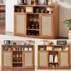 Lerliuo Rattan Wine Cabinet with 2 Doors, Boho Liquor Cabinet with Wine Racks, Farmhouse Coffee Bar Station for Living Room, Dining Room, Kitchen, Tea Brown