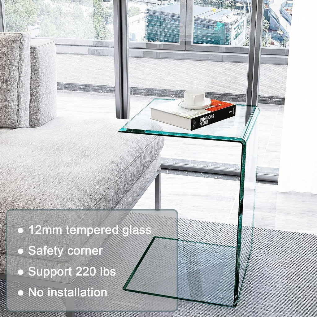 15.36" 2-Piece Glass End Table, C Shaped Side Table Set of 2 Clear Tempered Glass Snack Table Modern Nightstand Bedside Table for Living Room, Bedroom, Office, Bathroom