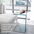 15.36" 2-Piece Glass End Table, C Shaped Side Table Set of 2 Clear Tempered Glass Snack Table Modern Nightstand Bedside Table for Living Room, Bedroom, Office, Bathroom