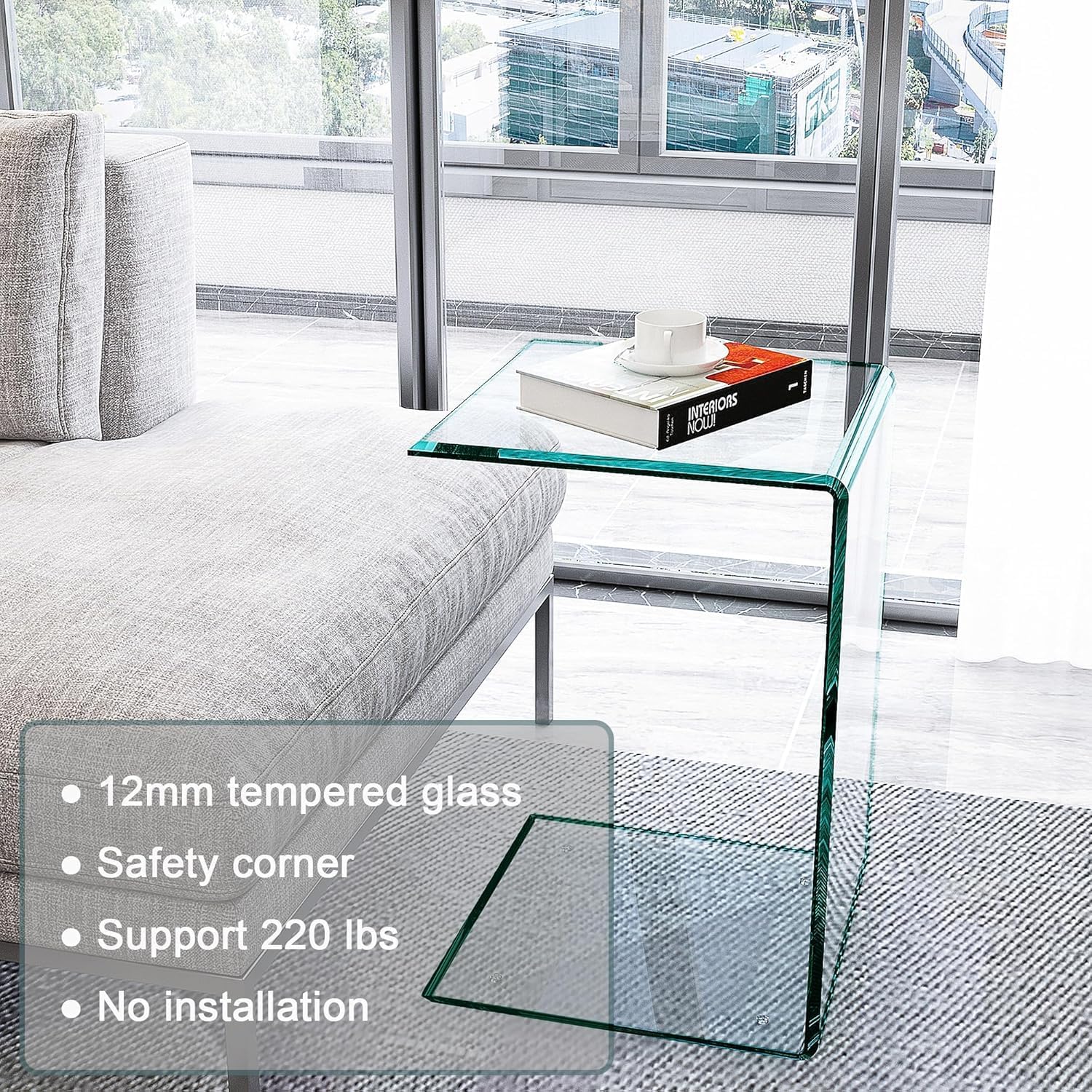 15.36" 2-Piece Glass End Table, C Shaped Side Table Set of 2 Clear Tempered Glass Snack Table Modern Nightstand Bedside Table for Living Room, Bedroom, Office, Bathroom