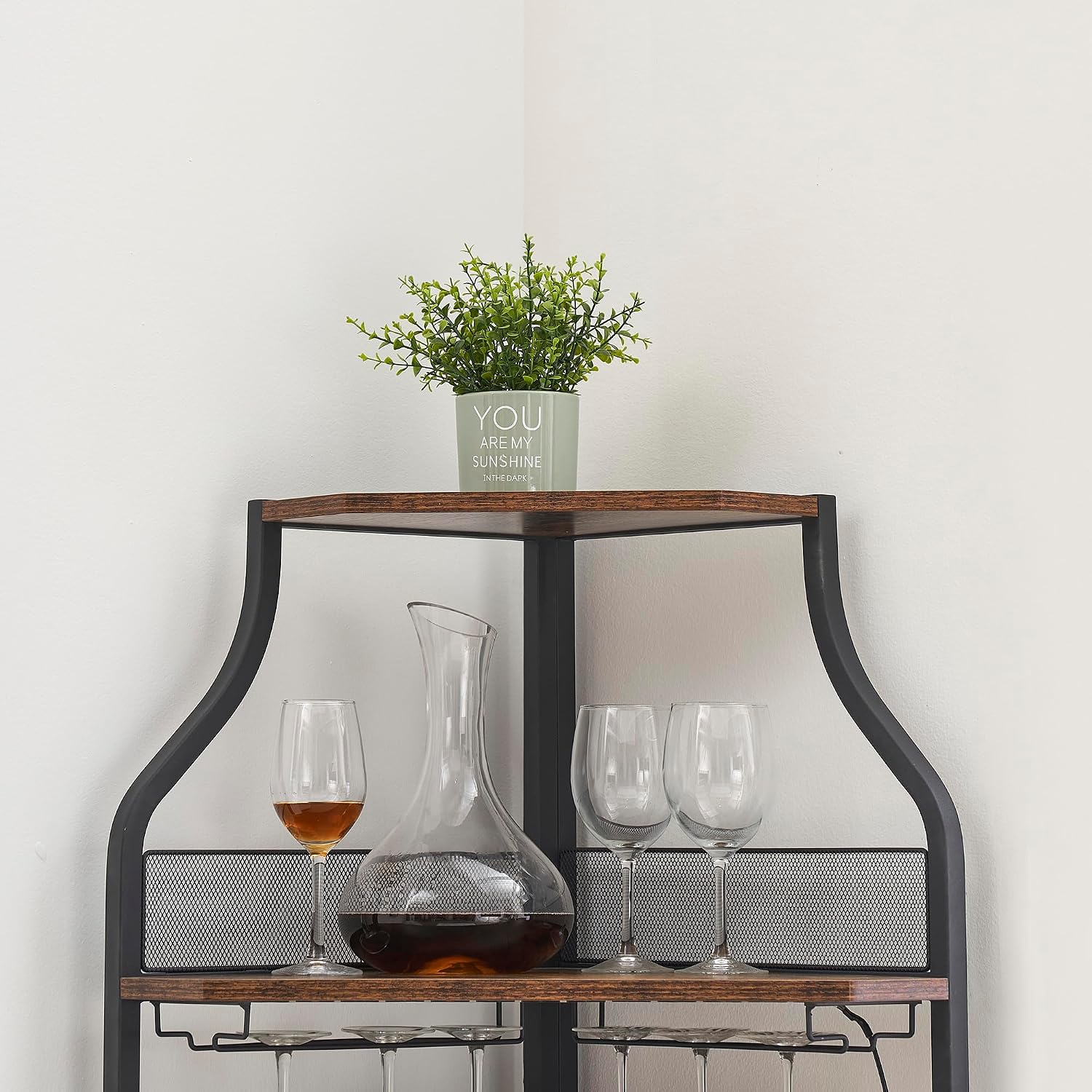 Amyove Corner Wine Bar Cabinet with Detachable Wine Rack, Industrial Wine Cabinet with Glass Holder, Small Sideboard and Liquor Coffee Bar Cabinet with Mesh Door, ‎Retro Brown
