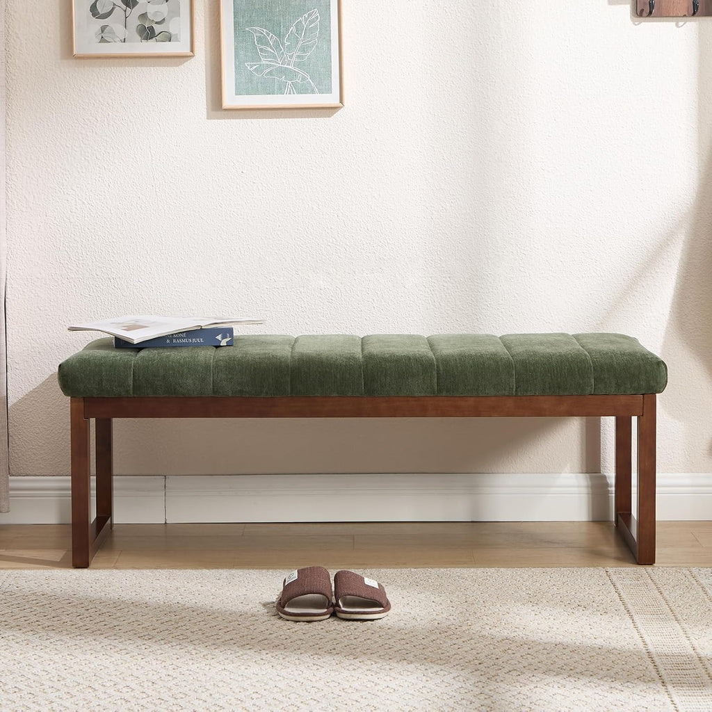 Bedroom Bench for End of Bed, 53.2" Modern Upholstered Chenille Fabric Entryway Bench & Window Bench, Footrest Stool Bench with Solid Wood Frame for Bedroom Living Room, Green