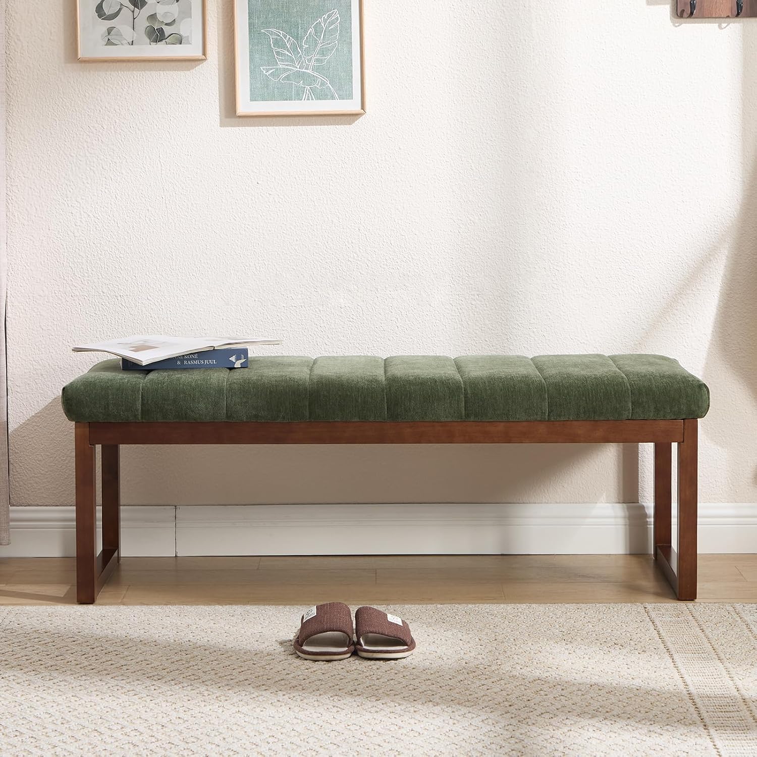 Bedroom Bench for End of Bed, 53.2" Modern Upholstered Chenille Fabric Entryway Bench & Window Bench, Footrest Stool Bench with Solid Wood Frame for Bedroom Living Room, Green