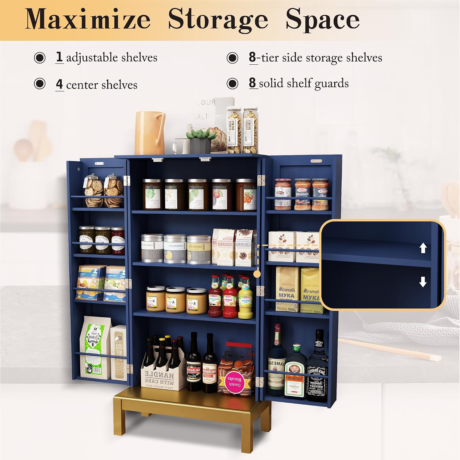 HOLTICO 45'' Kitchen Pantry Cabinet,Storage Cabinet with Doors and Adjustable Shelves,Food Pantry for Kitchen, Dining Room,Living Room and Garage,Gold Lines and Legs, Blue