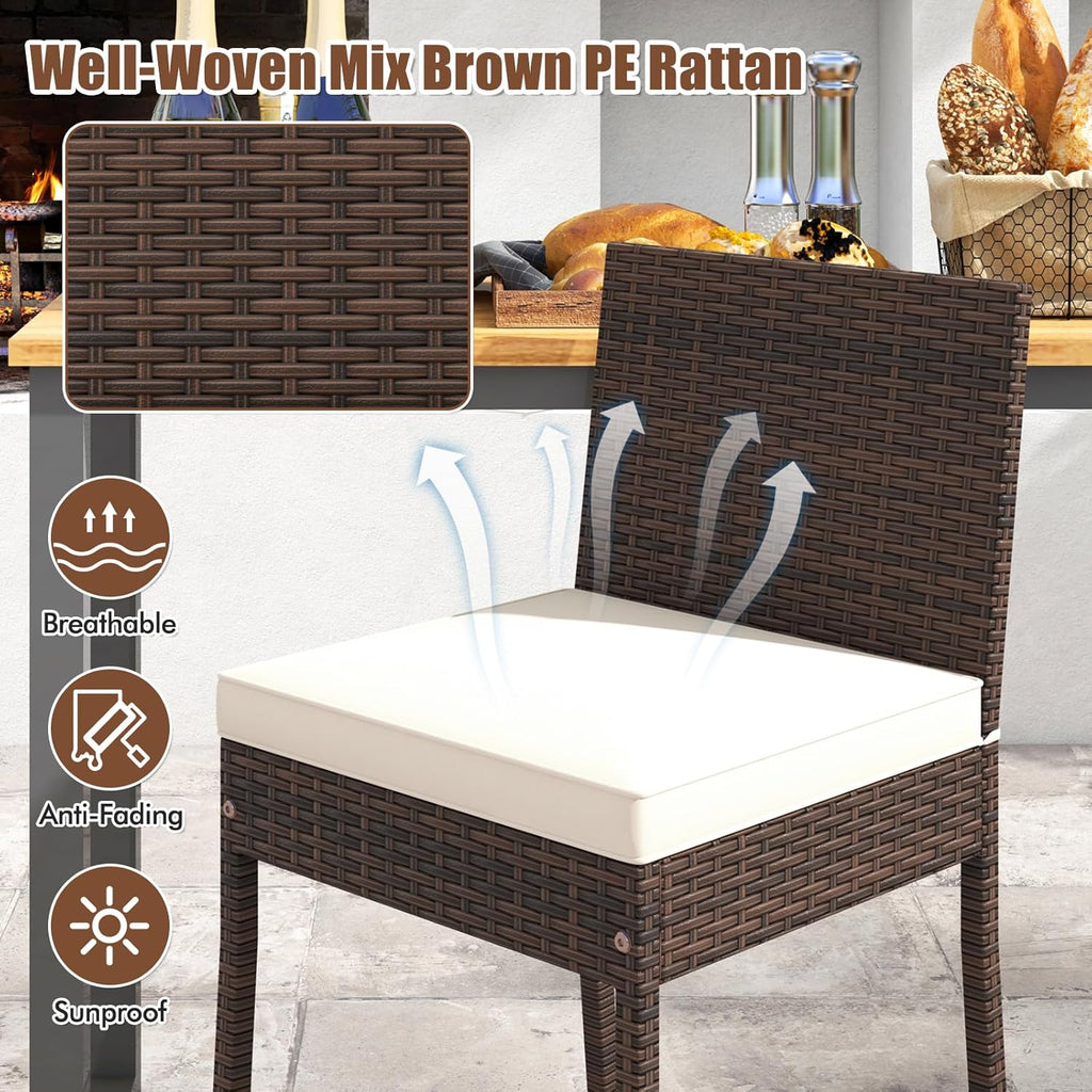 Outdoor Wicker Barstools, Patio Rattan Barstool Set of 4 with Cushion, Footrest & Heavy-Duty Metal Frame, Outdoor Bar Height Chair for Backyard & Balcony
