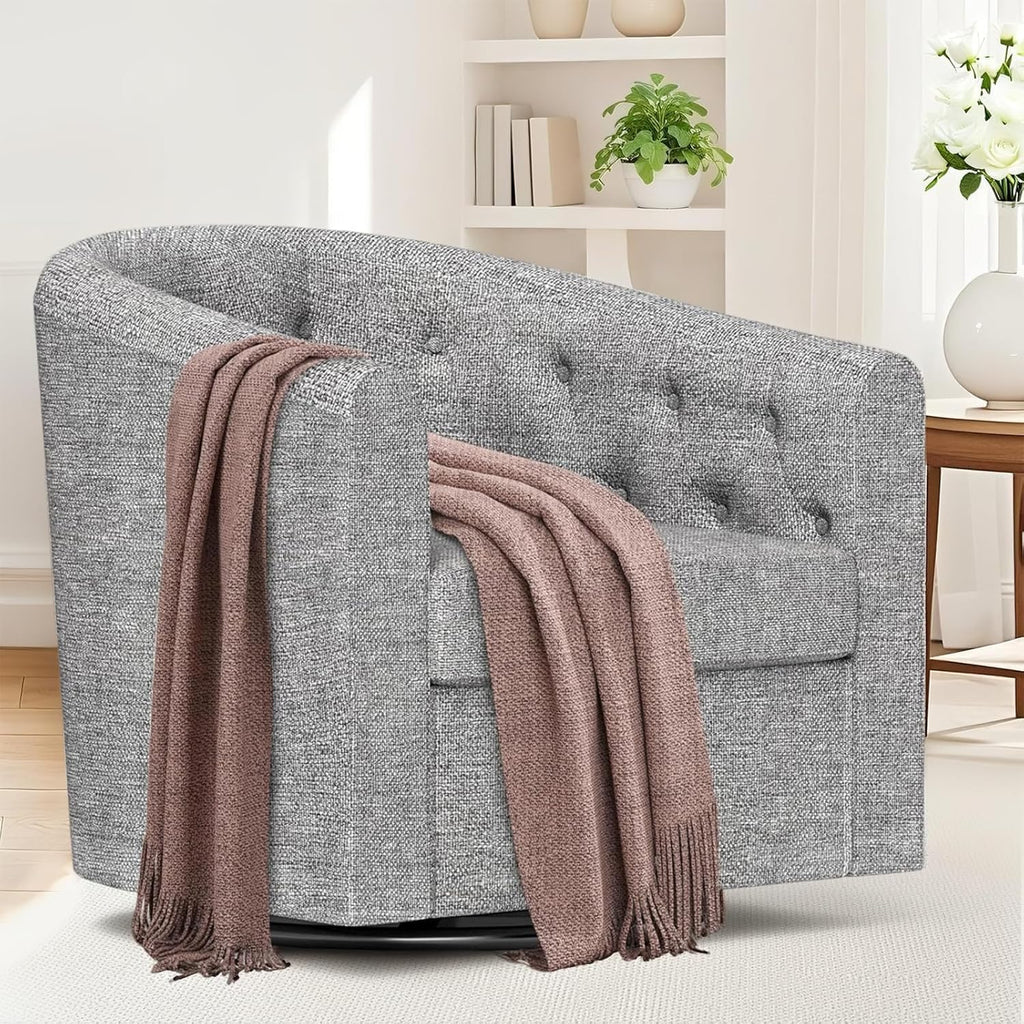 Simore Swivel Accent Chair for Living Room, Breathable Fabric Round Swivel Barrel Chair Armchair for Nursery Office Bedroom, Dark Gray
