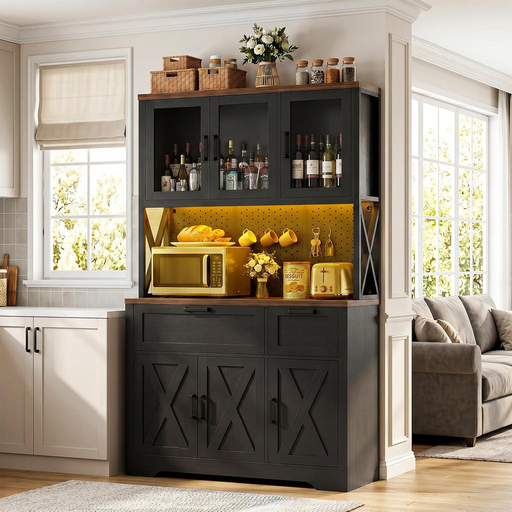 Unikito 71" Tall Pantry Cabinet, Kitchen Pantry Storage Cabinet with Charging Station & LED Lights, Freestanding Microwave Stand Coffee Bar Hutch with Drawers & DIY Pegboard for Dining Room, Black