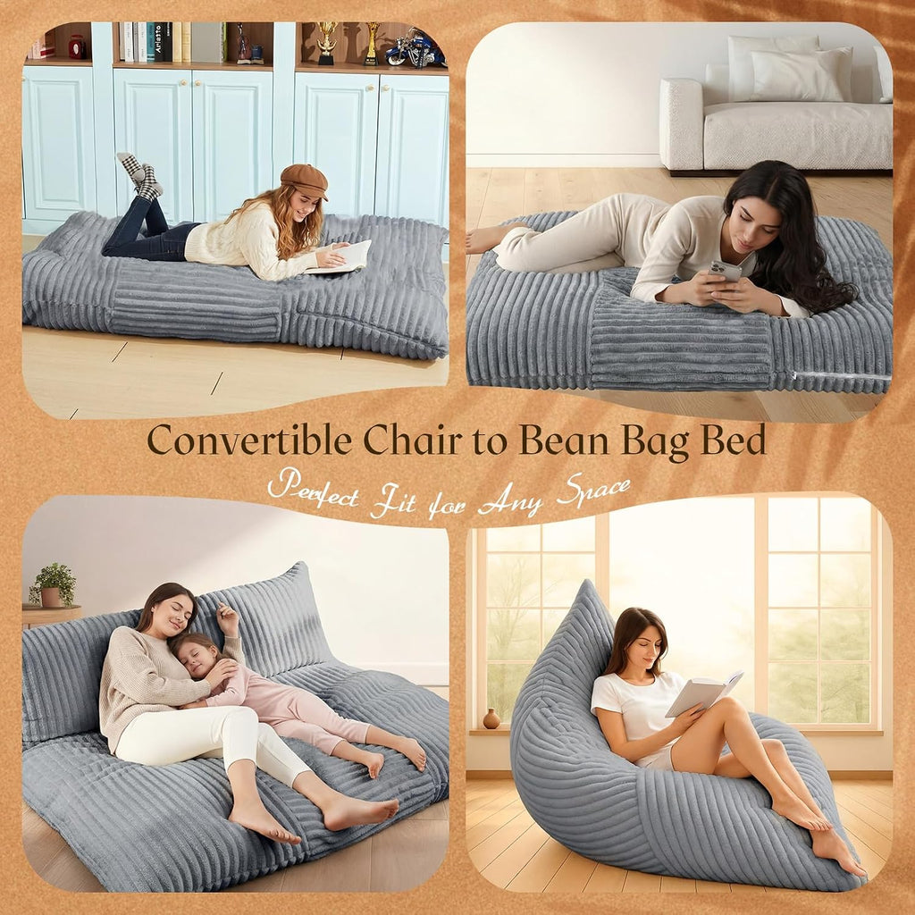 Honeydak 3 in 1 Giant Bean Bag Cover Only(No Filler) Rectangle Stuffed Animal Storage Bean Bag Chair Cover Soft Washable Large Storage Beanbag Adult Plush Toy Clothe Pillow(Light Grey,Rabbit Fur)