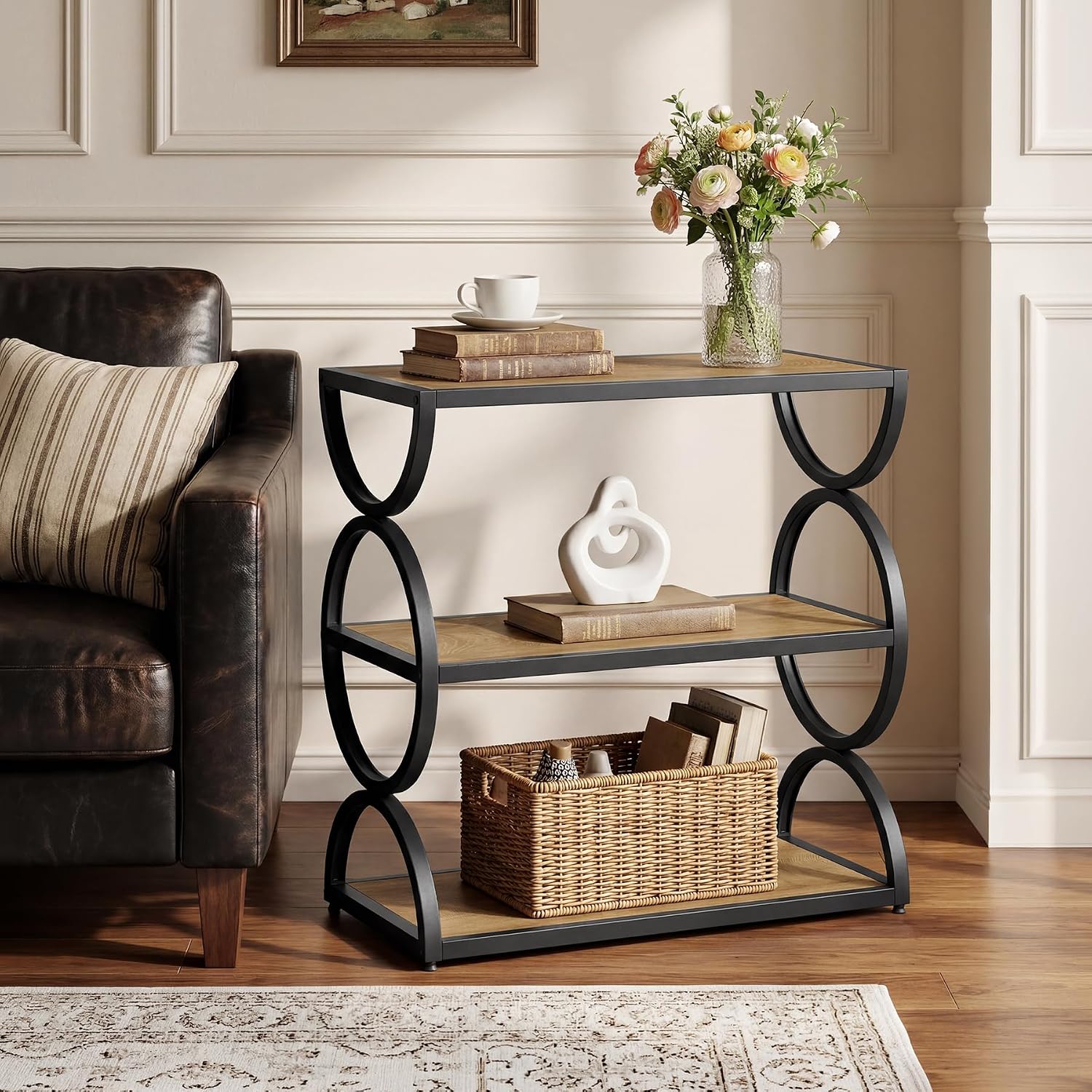 Tribesigns 3-Tier End Table, Narrow Side Table with Storage Shelves, Industrial Accent Table with Unique Circular Frame, Sofa Side Table for Living Room, Rustic Brown