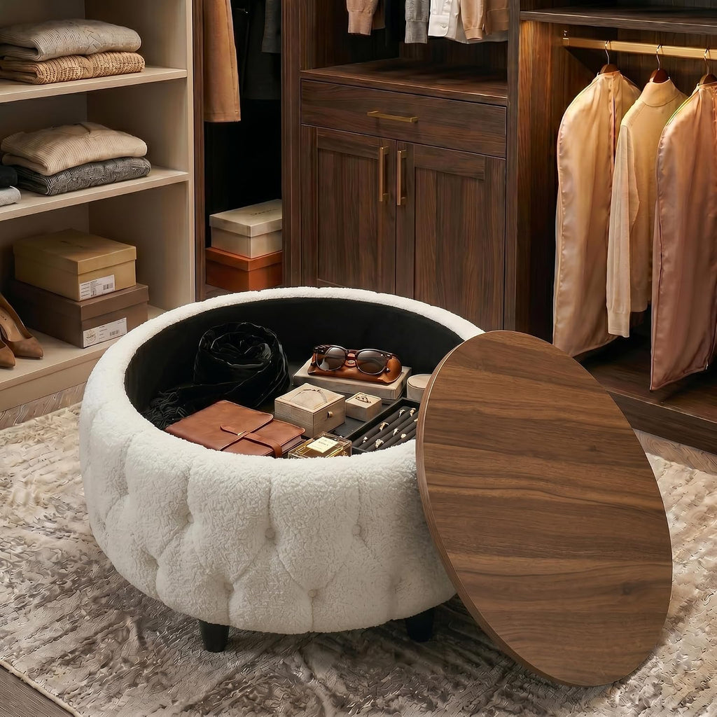 Large Round Storage Ottoman Coffee Table with Wooden Tabletop, 32 Inches Teddy Fleece Tufted Ottoman for Living Room, Bedroom, Apartments (White)