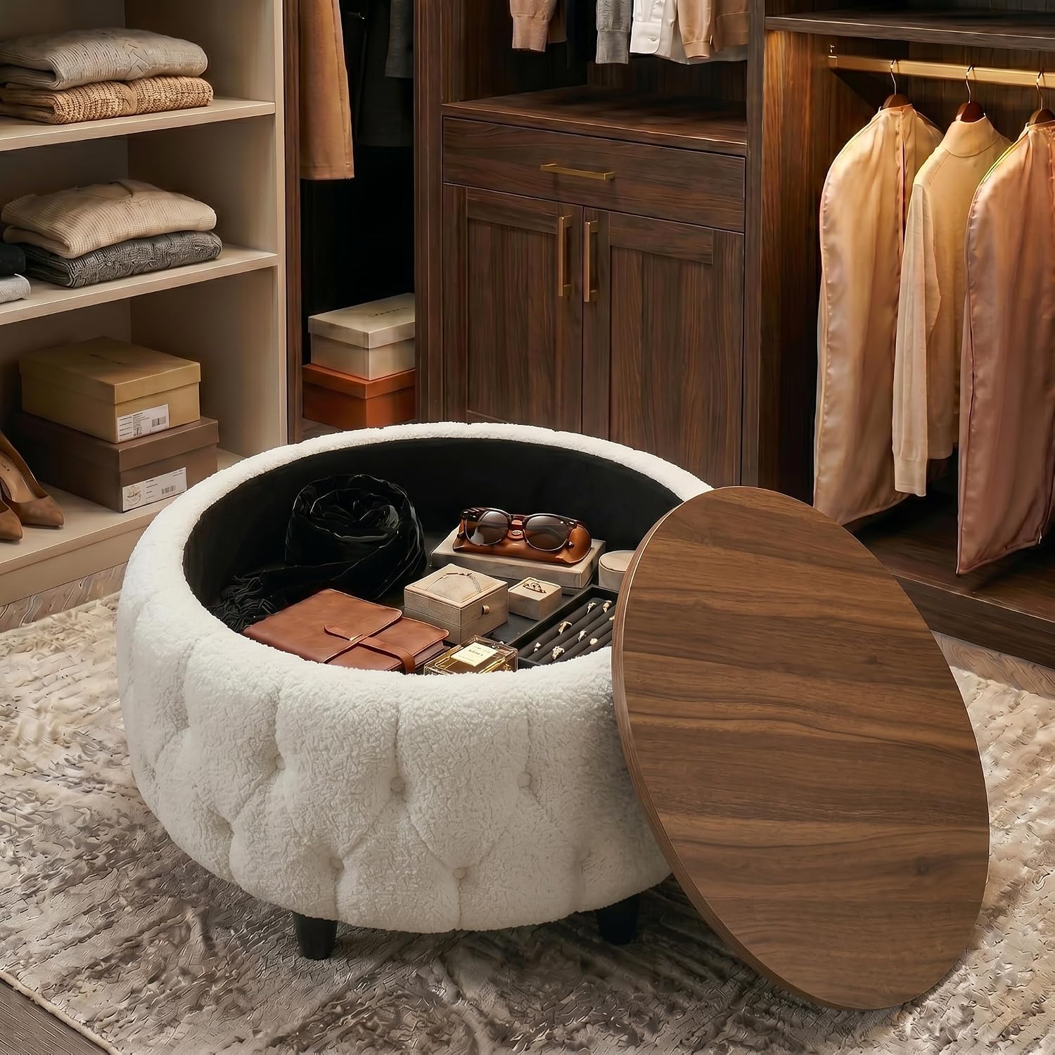 Large Round Storage Ottoman Coffee Table with Wooden Tabletop, 32 Inches Teddy Fleece Tufted Ottoman for Living Room, Bedroom, Apartments (White)