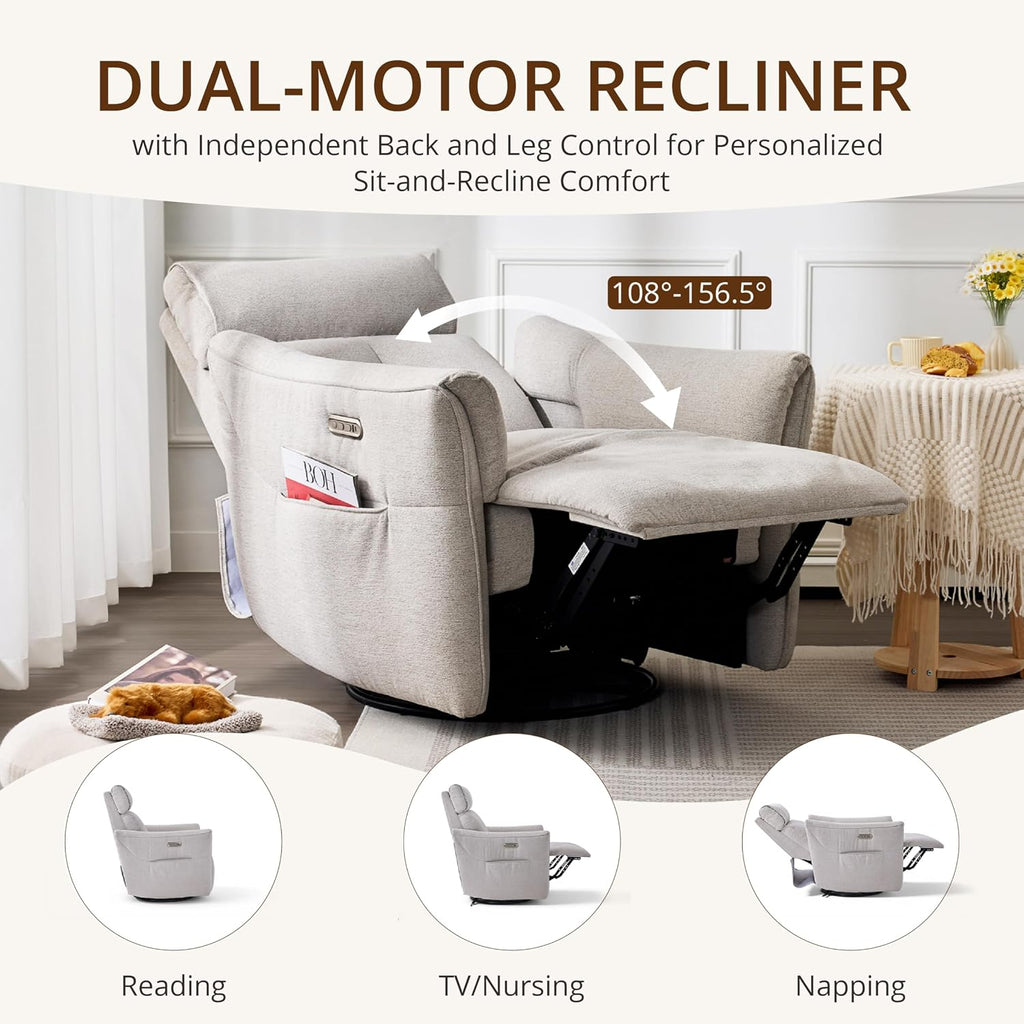 Power Rocking Chair Nursery Glider Recliner with Adjustable Headrest, Dual Motor Chenille Swivel Rocker Recliner Chair with USB Port and Storage Bags, FSC, CertiPUR-US® Certified, Crockery Grey
