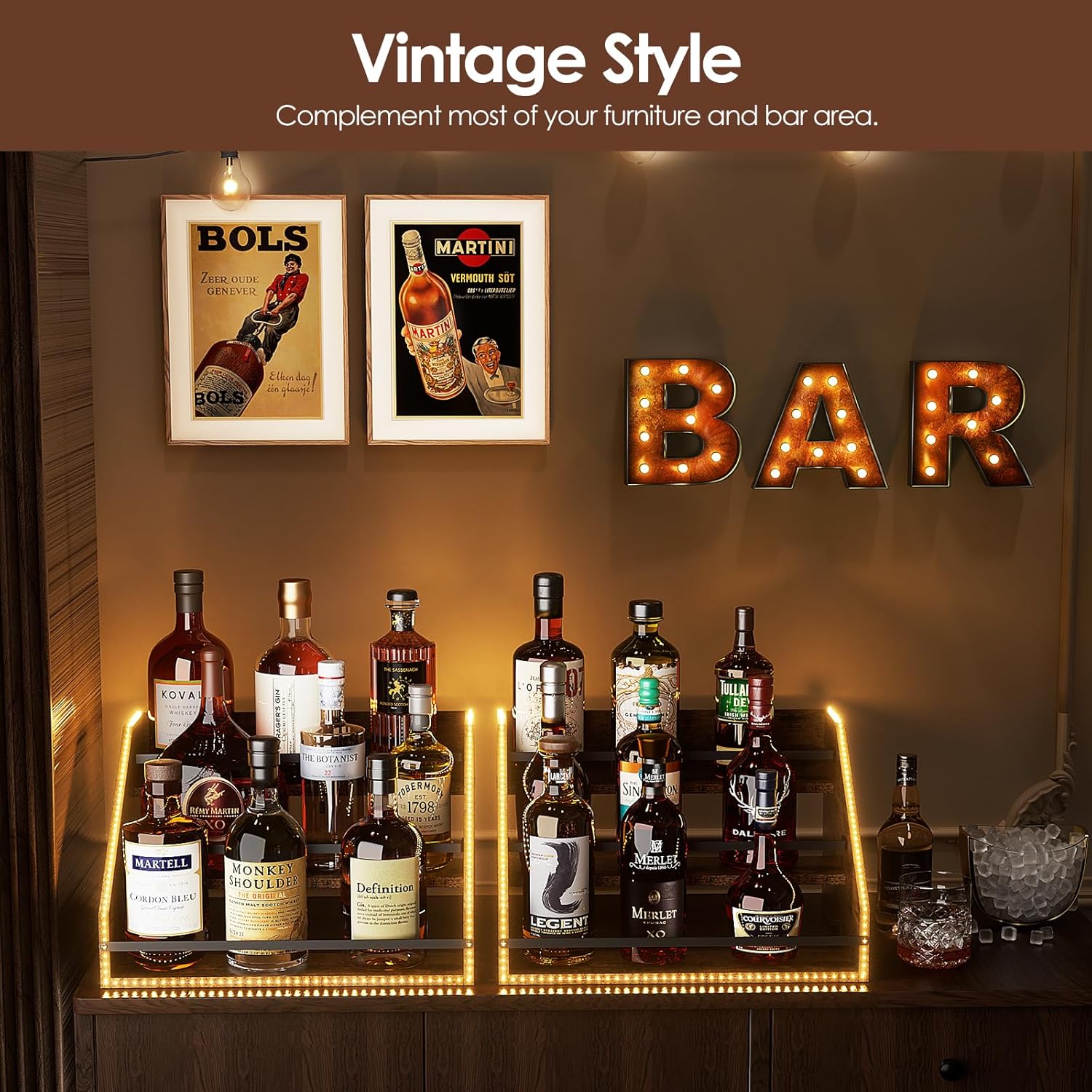 Nuovoware LED Lighted Liquor Bottle Display Shelf, 3 Step Wood Countertop Liquor Rack with Fences & Portable Handles, 12-Bottle Whiskey Rack Liquor Display Retro Wine Rack for Home Bar Party, Brown