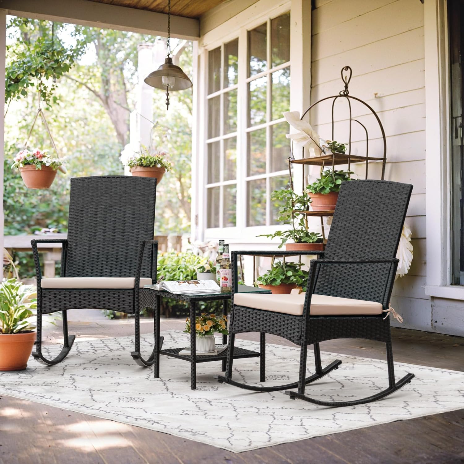 Flamaker Rocking Chair Outdoor PE Rattan Patio Chairs with Glass Table High Back Porch Rocker for Balcony, Garden, Backyard (Beige)