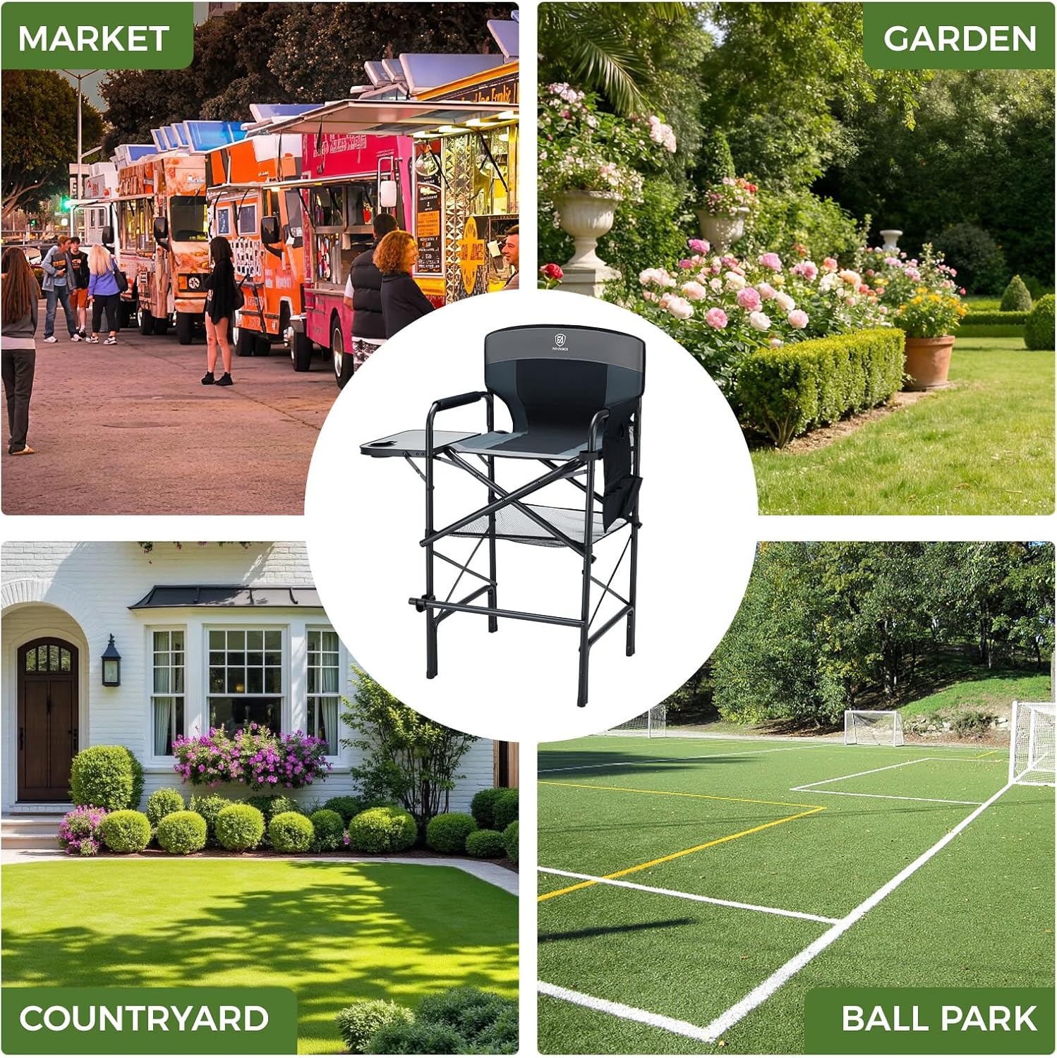 EVER ADVANCED 30.7" Seat Height Tall Directors Chair with Side Table, Foldable Bar Stool & Camping Chair for Makeup Artist, Sports Events and Craft Shows, Supports 350lbs, Grey/Black