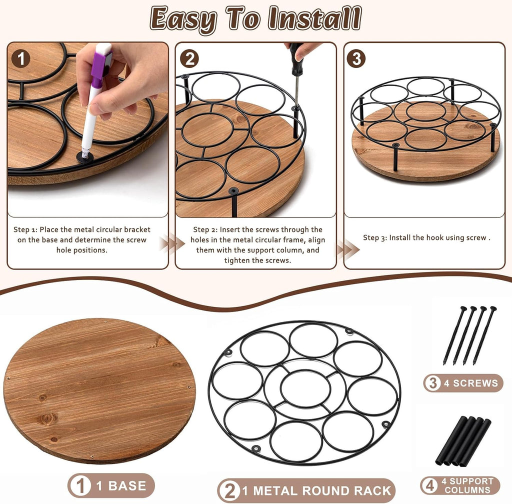 2 Pcs 9 Bottles Rotating Coffee Syrup Organizer, Large S Syrup Rack Carbon Steel Frame with Wooden Base Bottle Holder Stand for Coffee Bar Station, Turntable Wine Display Tray