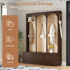 Merax Farmhouse Wood Hall Tree with Shoe Bench and 3 Drawers, 4-in-1 Coat Rack with 8 Hooks for Entrance, Hallway, Mudroom Dark Walnut