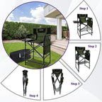 Tall Folding Directors Chair with Side Table 30.71" Seat Height Foldable Camping Chair Bar Stool for Makeup Artist Face Painting with Footrest and Storage Pocket Supports 350LBS