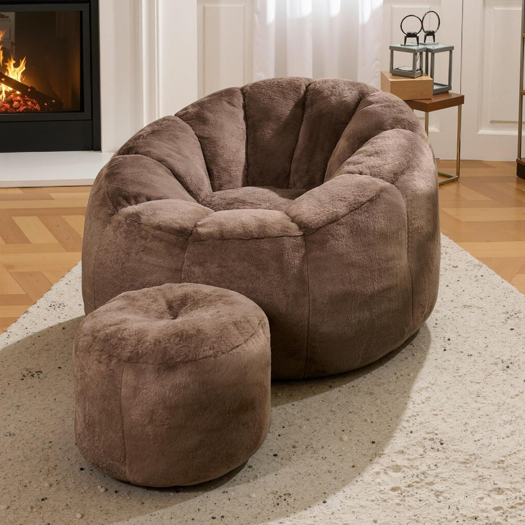 Bean Bag Chair, Bean Bag Chair with Ottoman, Stuffed Bean Bag Chairs with Filler, Big Beanbag Chairs with Filling for Living Room (Faux Fur in Brown, 40.6" D×41.4" W×27.6" H)